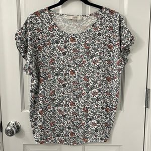 Loft Mixed Media White Flower Pattern Short Sleeve Blouse